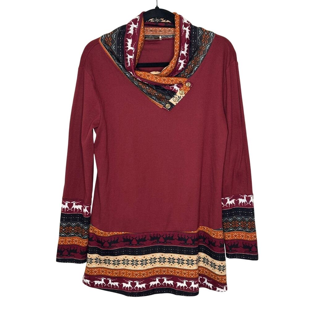Miusey Burgundy Red Fair Isle Tunic Long Sleeve Cowl Neck Holidays Casual L